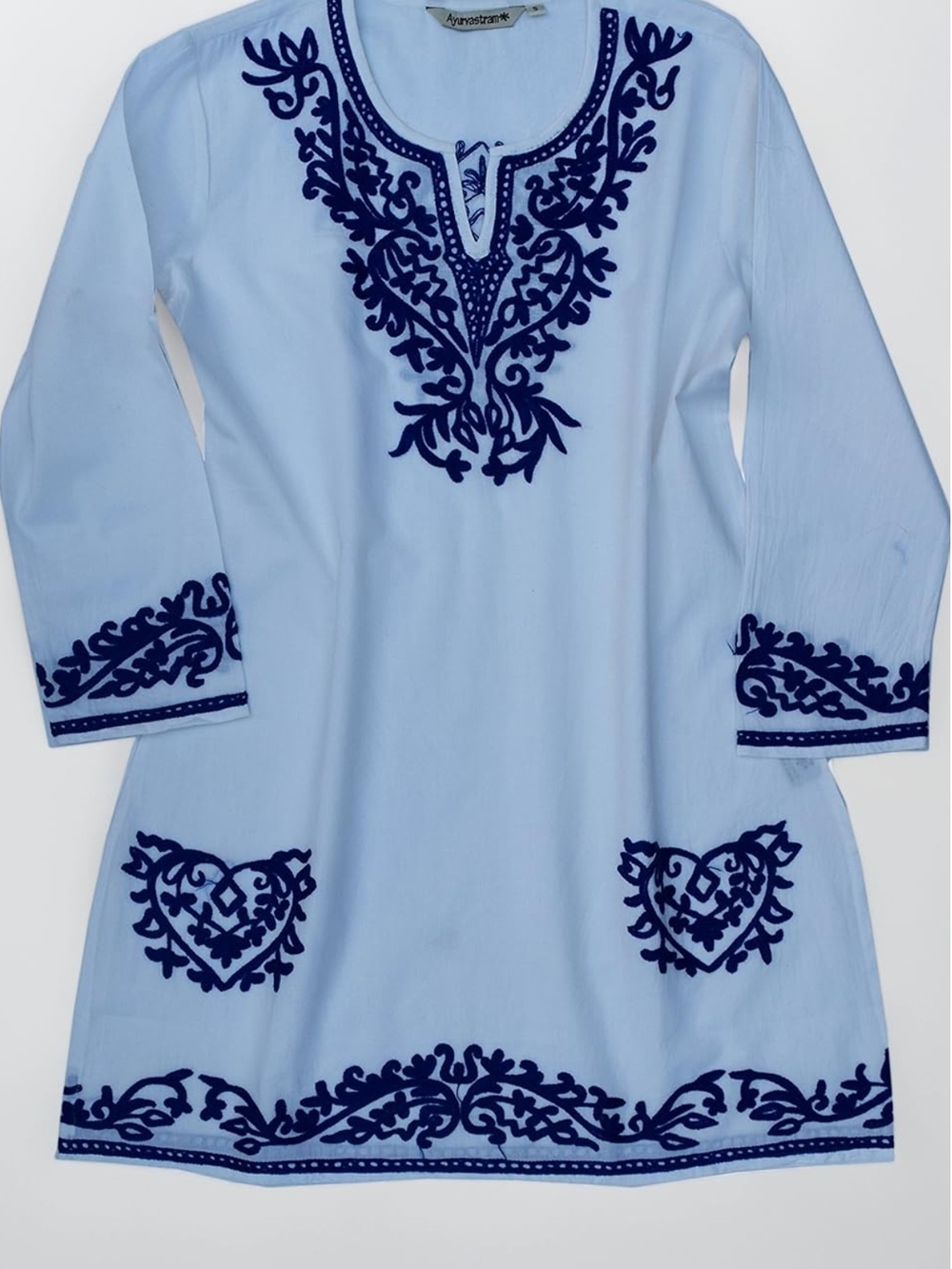 White 100% Cotton Embroidered 4X Tunic Top with Navy Accents